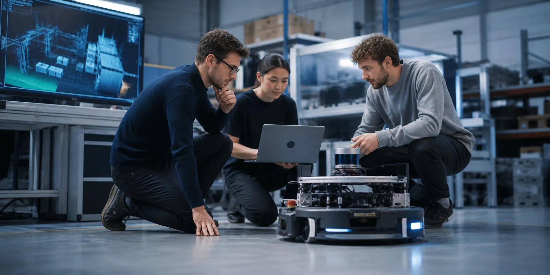 Robotics engineers collaborating around an autonomous mobile robot