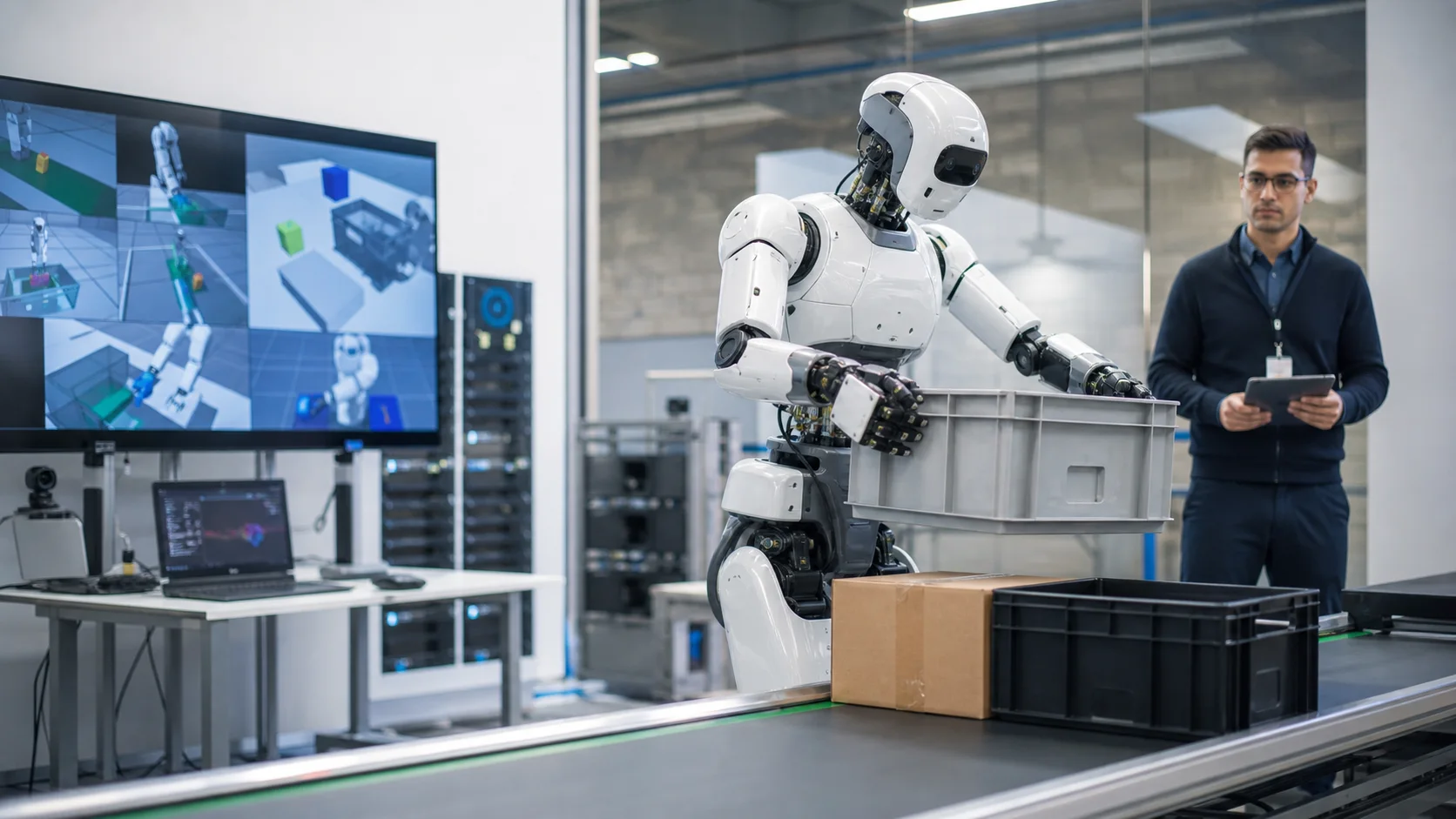 A humanoid robot learning a manipulation task in a research lab