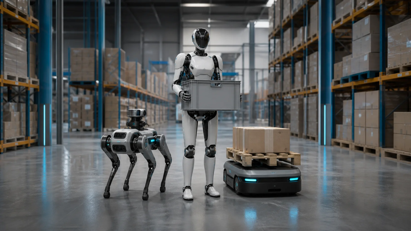 Humanoid, quadruped and autonomous mobile robots working together in a warehouse